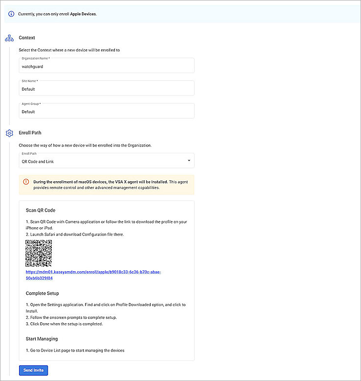 Screenshot of QR Code and Link for Kaseya MDM